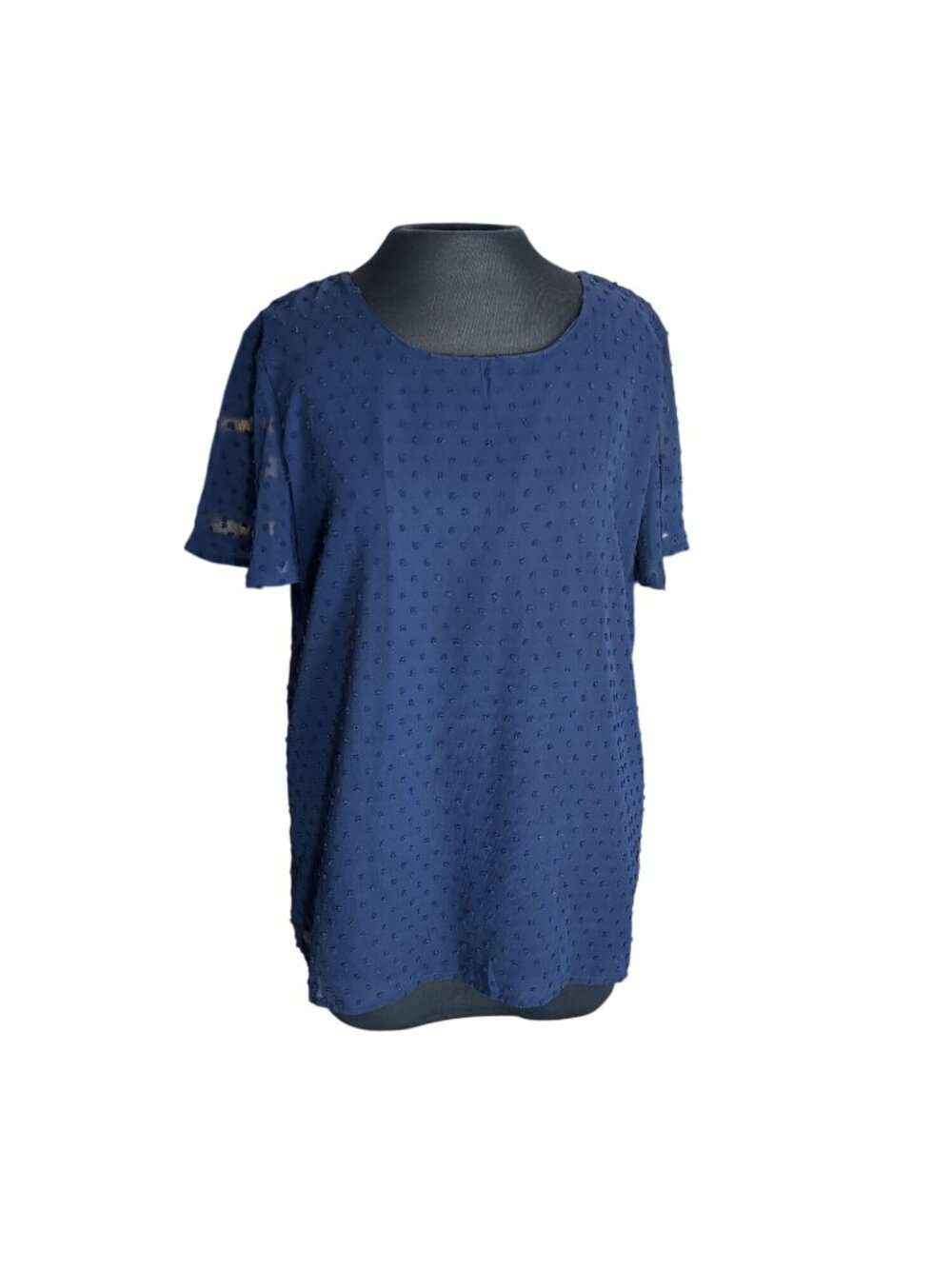Qearal Womens Textured Short Sleeve Blouse Casual Sheer Navy Top Large